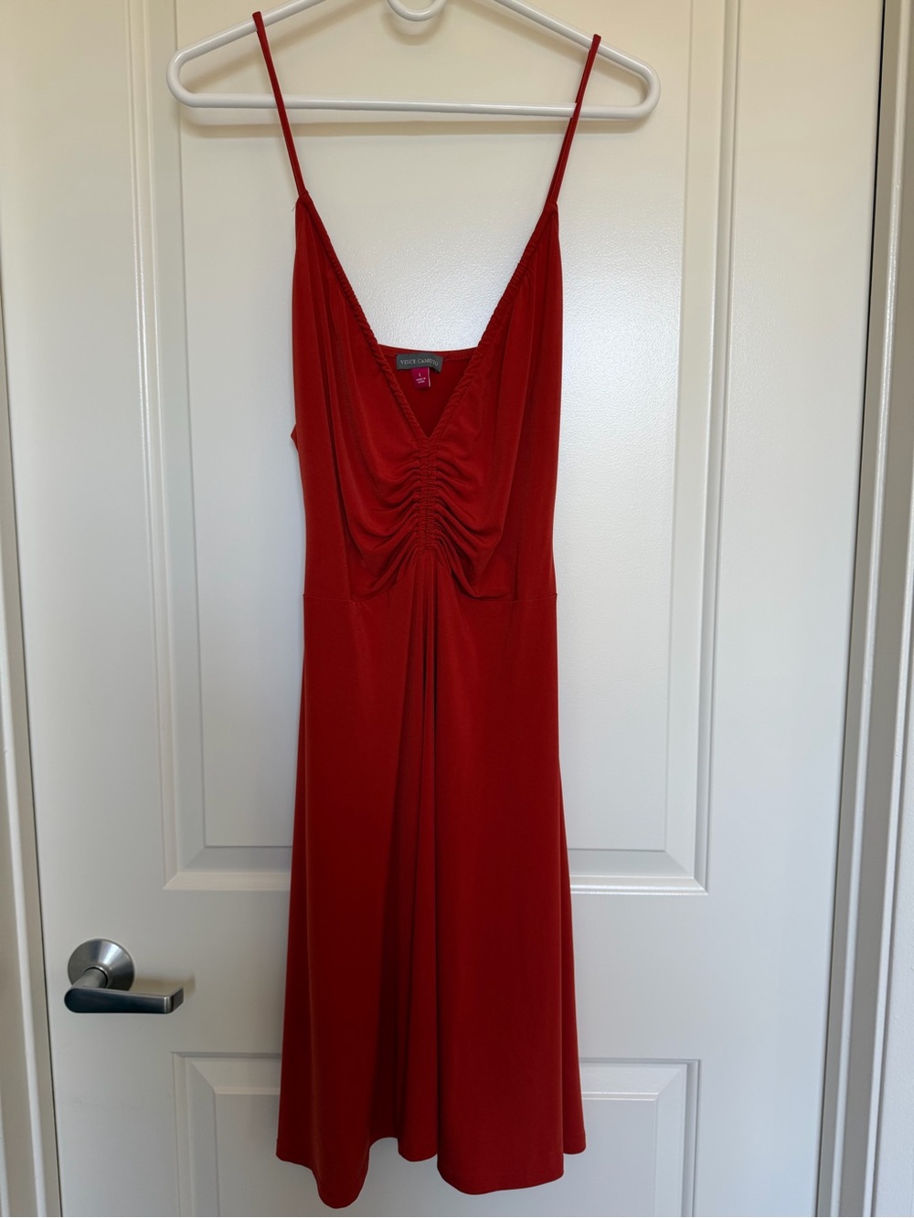 Vince Camuto Orange Ruched V-Neck Midi Slip Dress